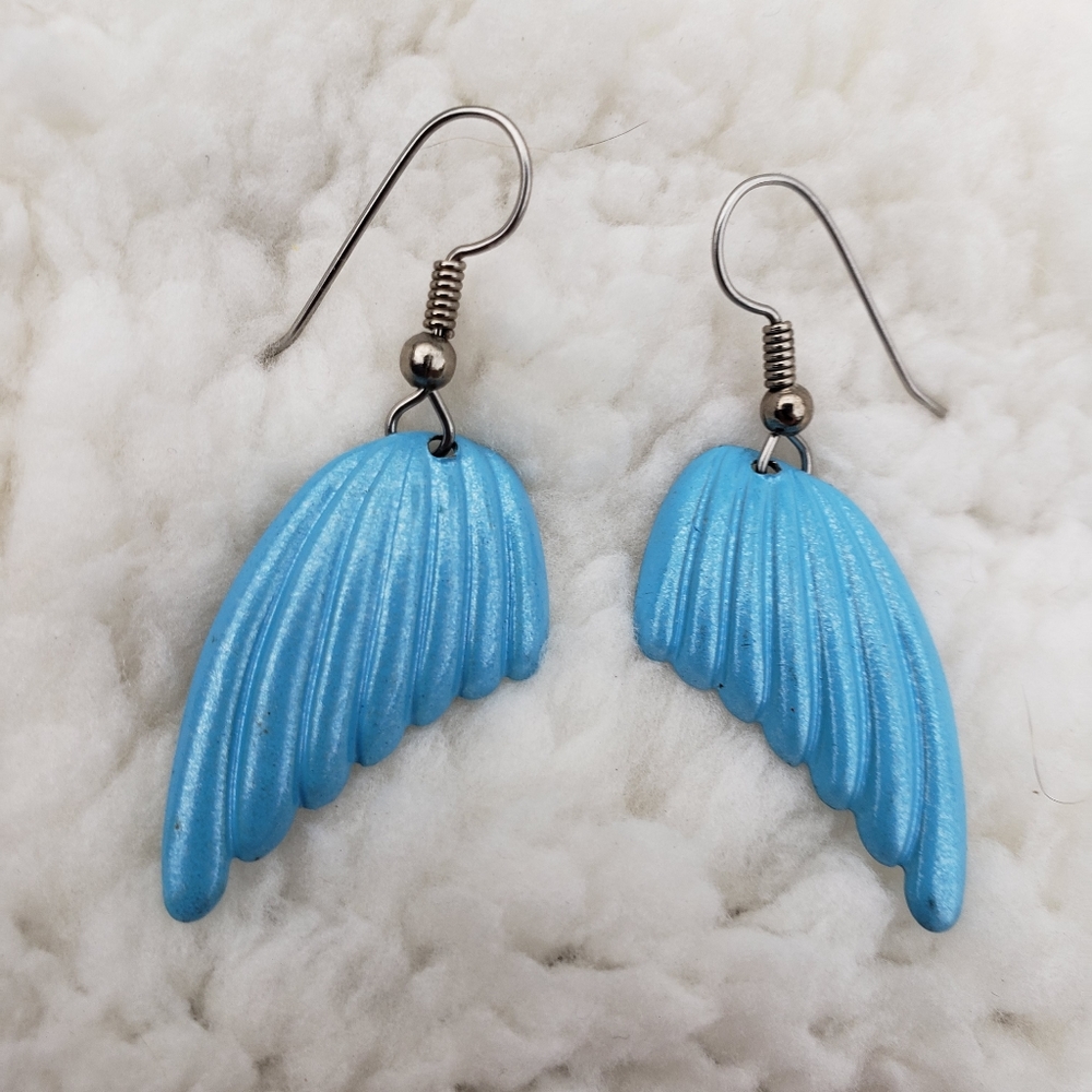 Metallic Blue Funky Wings Retro Dangle Earrings